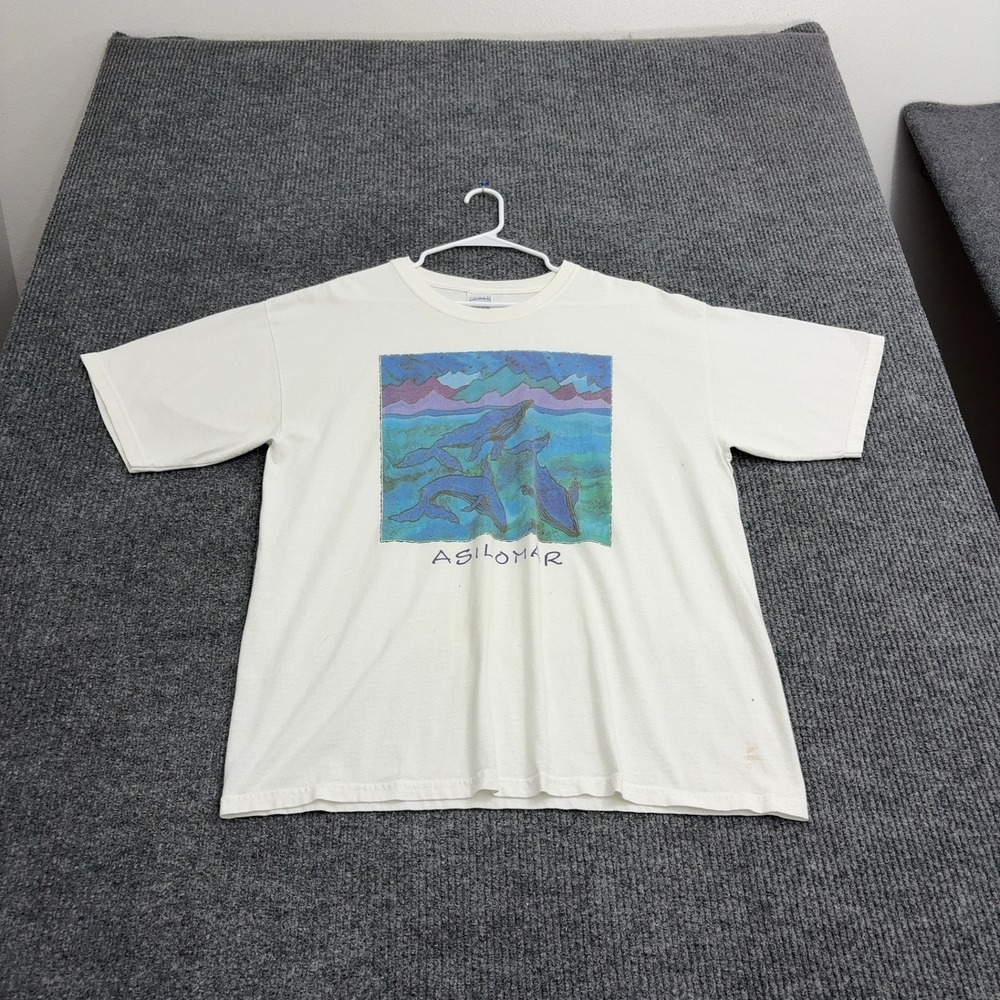 Vintage Gildan T Shirt Mens XL White Cotton Asilomar Whale Graphic Coastal Art